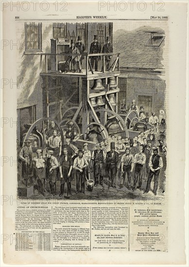 Chime of Thirteen Bells for Christ Church, Cambridge, Massachusetts, published May 26, 1860, Winslow Homer (American, 1836-1910), published by Harper’s Weekly (American, 1857-1916), United States, Wood engraving on paper, 278 x 234 mm (image), 322 x 286 mm (sheet)