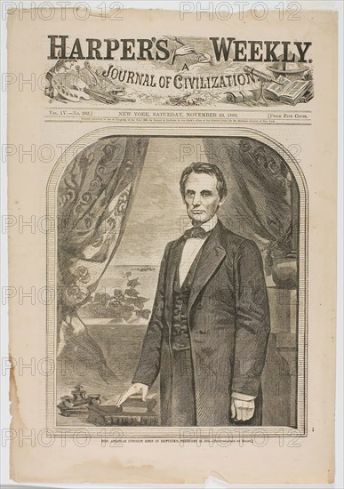 Hon. Abraham Lincoln, Born in Kentucky, February 12, 1809, published November 10, 1860, Winslow Homer (American, 1836-1910), published by Harper’s Weekly (American, 1857-1916), United States, Wood engraving on paper, 276 x 234 mm (image), 422 x 294 mm (sheet)