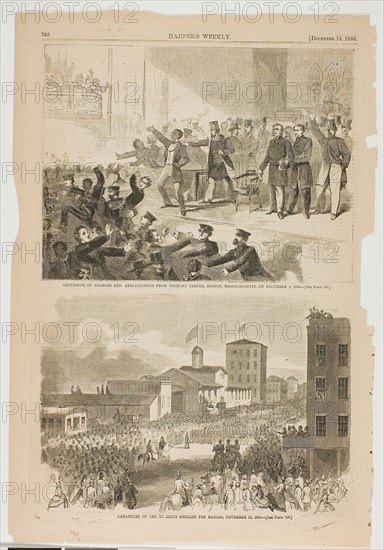 Expulsion of Negroes and Abolitionists from Tremont Temple, Boston, Massachusetts on December 3, 1860, published December 15, 1860, Winslow Homer (American, 1836-1910), published by Harper’s Weekly (American, 1857-1916), United States, Wood engraving on paper, 175 x 233 mm (image), 400 x 274 mm (sheet)