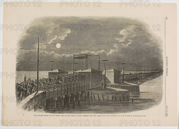 The Advance Guard of the Grand Army of the United States Crossing the Long Bridge over the Potomac at 2 A.M. on May 24, 1861, published June 8, 1861, Winslow Homer (American, 1836-1910), published by Harper’s Weekly (American, 1857-1916), United States, Wood engraving on paper, 232 x 352 mm (image), 295 x 407 mm (sheet)