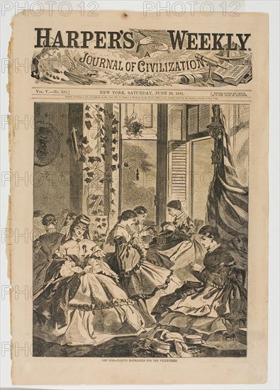 The War—Making Havelocks for the Volunteers, published June 29, 1861, Winslow Homer (American, 1836-1910), published by Harper’s Weekly (American, 1857-1916), United States, Wood engraving on paper, 275 x 233 mm (image), 400 x 280 mm (sheet)