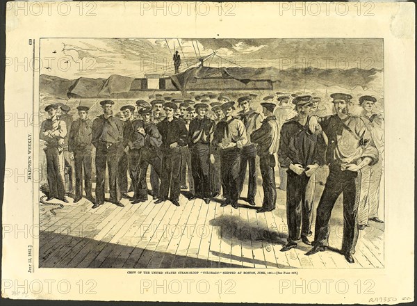 Crew of the United States Steam Sloop Colorado Shipped at Boston, June, 1861, published July 13, 1861, Winslow Homer (American, 1836-1910), published by Harper’s Weekly (American, 1857-1916), United States, Wood engraving on paper, 234 x 350 mm (image), 305 x 417 mm (sheet)