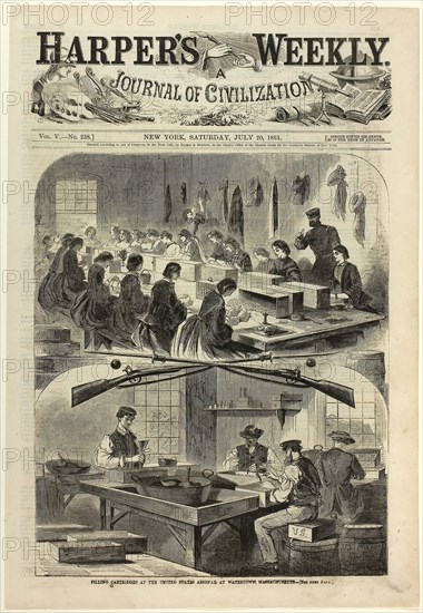 Filling Cartridges at the United States Arsenal, at Watertown, Massachusetts, published July 20, 1861, Winslow Homer (American, 1836-1910), published by Harper’s Weekly (American, 1857-1916), United States, Wood engraving on paper, 279 x 234 mm (image), 398 x 273 mm (sheet)