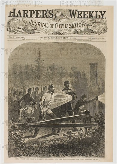 Rebels Outside Their Works at Yorktown, Reconnoitring [sic] with Dark Lanterns, published May 17, 1862, Winslow Homer (American, 1836-1910), published by Harper’s Weekly (American, 1857-1916), United States, Wood engraving on paper, 278 x 234 mm (image), 380 x 263 mm (sheet)