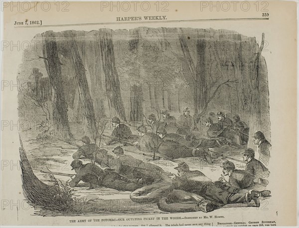 The Army of The Potomac—Our Outlying Picket in the Woods, published June 7, 1862, Winslow Homer (American, 1836-1910), published by Harper’s Weekly (American, 1857-1916), United States, Wood engraving on paper, 174 x 236 mm (image), 209 x 274 mm (sheet)