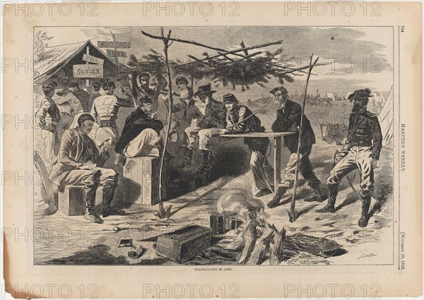 Thanksgiving in Camp, published November 29, 1862, Winslow Homer (American, 1836-1910), published by Harper’s Weekly (American, 1857-1916), United States, Wood engraving on paper, 233 x 350 mm (image), 288 x 408 mm (sheet)