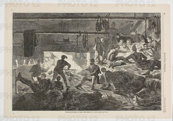 Winter-Quarters in Camp—The Inside of a Hut, published January 24, 1863, Winslow Homer (American, 1836-1910), published by Harper’s Weekly (American, 1857-1916), United States, Wood engraving on paper, 233 x 353 mm (image), 273 x 396 mm (sheet)
