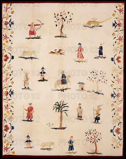 Bed Curtain, c. 1720, United States or England, United States, Linen and cotton, 2:2 twill weave, embroidered with wool in satin, single satin, and stem stitches, French knots and stem stitch couching, four panels joined, 233.6 x 185.4 cm (92 x 73 in.)