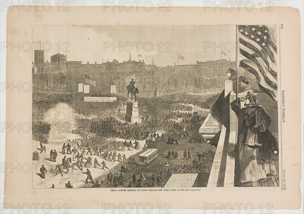 The Great Sumter Meeting in the Union Square, New York, April 11, 1863, published April 25, 1863, Winslow Homer (American, 1836-1910), published by Harper’s Weekly (American, 1857-1916), United States, Wood engraving on paper, 232 x 350 mm (image), 290 x 421 mm (sheet)