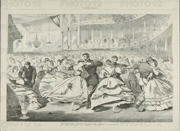 The Great Russian Ball at the Academy of Music, November 5, 1863, published November 21, 1863, Winslow Homer (American, 1836-1910), published by Harper’s Weekly (American, 1857-1916), United States, Wood engraving on buff wove paper, 334 x 516 mm (image), 406 x 555 mm (sheet)