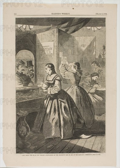 Any Thing for Me, If You Please?—Post-Office of the Brooklyn Fair in Aid of the Sanitary Commission, published March 5, 1864, Winslow Homer (American, 1836-1910), published by Harper’s Weekly (American, 1857-1916), United States, Wood engraving on paper, 345 x 230 mm (image), 407 x 291 mm (sheet)
