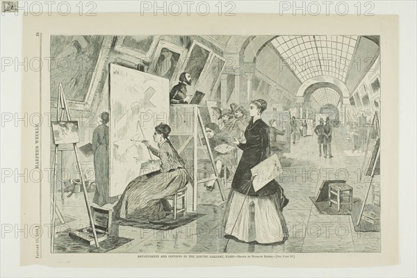 Art Students and Copyists in the Louvre Gallery, Paris, published January 11, 1868, Winslow Homer (American, 1836-1910), published by Harper’s Weekly (American, 1857-1916), United States, Wood engraving on buff wove paper, 230 x 349 mm (image), 269 x 400 mm (sheet)