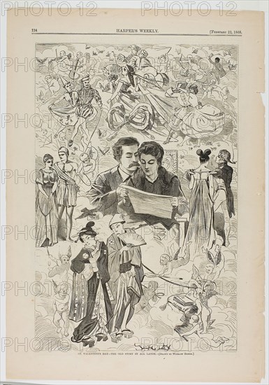 Saint Valentine’s Day—The Old Story in All Lands, published February 22, 1868, Winslow Homer (American, 1836-1910), published by Harper’s Weekly (American, 1857-1916), United States, Wood engraving on paper, 345 x 229 mm (image), 420 x 293 mm (sheet)