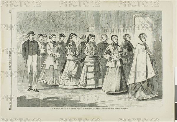 The Morning Walk—Young Ladies’ School Promenading the Avenue, published March 28, 1868, Winslow Homer (American, 1836-1910), published by Harper’s Weekly (American, 1857-1916), United States, Wood engraving on paper, 230 x 347 mm (image), 284 x 408 mm (sheet)