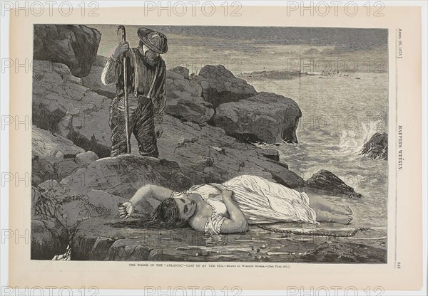 The Wreck of the Atlantic—Cast Up by the Sea, published April 26, 1873, Winslow Homer (American, 1836-1910), published by Harper’s Weekly (American, 1857-1916), United States, Wood engraving on paper, 233 x 352 mm (image), 279 x 403 mm (sheet)