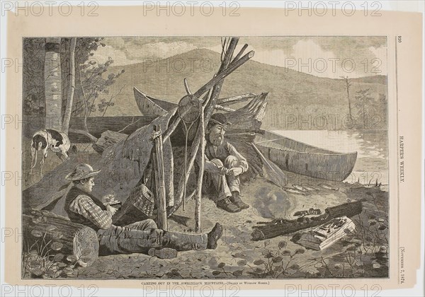 Camping Out in the Adirondack Mountains, published November 7, 1874, Winslow Homer (American, 1836-1910), published by Harper’s Weekly (American, 1857-1916), United States, Wood engraving on paper, 232 x 350 mm (image), 269 x 398 mm (sheet)