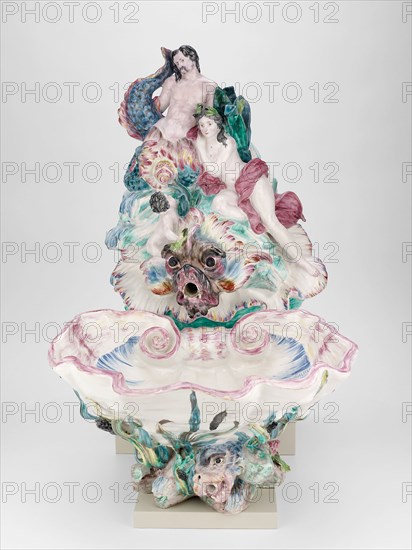 Wall Fountain and Basin, c. 1755, Sceaux Faience Manufactory (French, 1748-1810), France, Sceaux, Sceaux, Tin-glazed earthenware and polychrome enamels, Fountain: 47 x 38 cm (18 1/2 x 15 in.), Basin: 22.8 x 45 cm (9 x 17 3/4 in.)