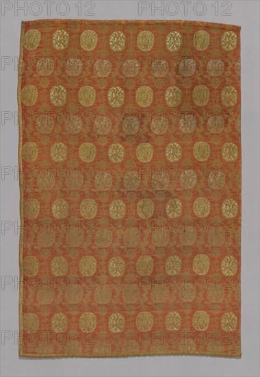Panel, 1890s, Possibly England or France, England, Cotton, silk, wild silk and gilt-metal-strip wrapped cotton, double faced weave of two sets of complimentary warp and weft forming detached layers of interlacing in areas of plain weave over weft-float faced 1:2 's' twill weave and weft-float faced 1:4 satin weave over plain weave and single layer areas of plain weave with paired warps and wefts and with supplementary patterning wefts bound in a weft-float faced 1:3 's' twill interlacings and self-patterned by ground weft floats, edged with cotton, silk and gilt-metal-strip wrapped cotton, plain weave with supplementary patterning wefts, 186.3 × 122.2 cm   (73 3/8 × 48 1/8 in.)