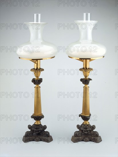 Pair of Sinumbra Lamps, c. 1827/31, Cornelius and Company, American, 1839–1851, Philadelphia, Gilded brass, bronze, and glass, H.: 51.4 cm (20 1/4 in.)