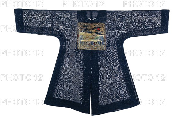 Man’s Bufu (Court Surcoat), Qing dynasty (1644–1911), 1875/1900, Manchu, China, Silk, 1:1 plain gauze weave, embroidered with silk and gilt- and silvered-metal-strip-wrapped silk in satin, stem, and tent stitches, Roumanian couching, 105.7 × 157.5 cm (41 5/8 × 62 in.)