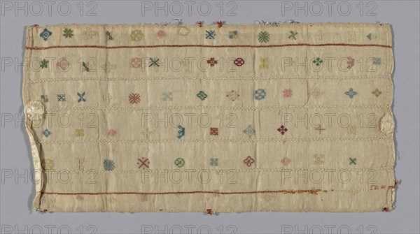 Band, 19th century, England, Cotton, plain weave, embroidered with silk in chain and cross stitches, backed with silk, weft-float faced 4:1 satin weave, bow of silk, weft-float faced 4:1 satin weave, 11.2 × 22.2 cm (4 1/2 × 8 3/4 in.)