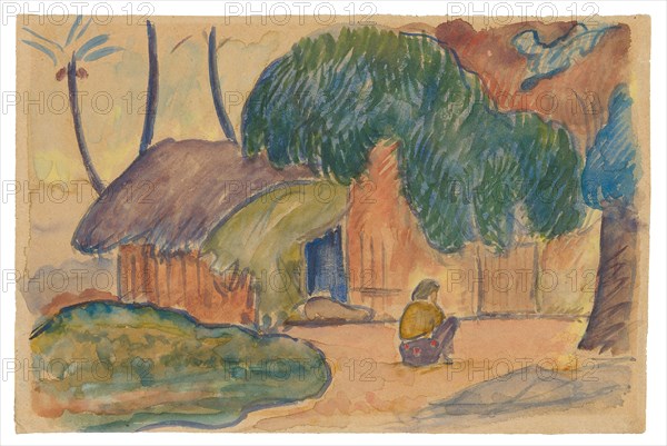 Tahitian Hut, 1891/93, Paul Gauguin, French, 1848-1903, France, Watercolor, with touches of gouache, over graphite, on tan wove paper, 165 × 247 mm