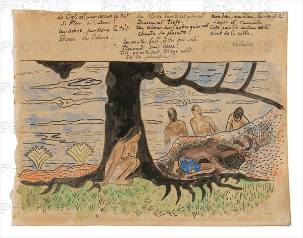 Tahitians Fishing, 1891/93, Paul Gauguin, French, 1848-1903, France, Brush and black ink, over brush and brown ink (originally purple), with watercolor and gouache on parchment, laid down on brown wove paper, 249 × 316 mm