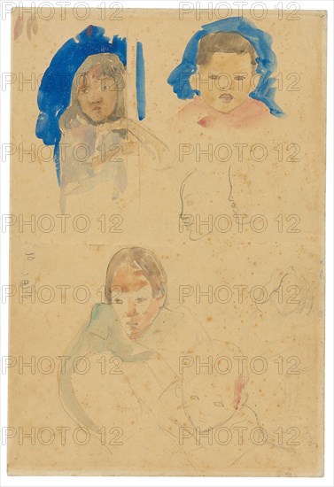 Sketches of Figures and Animals from Tahiti, 1891/93, Paul Gauguin, French, 1848-1903, France, Graphite and blue gouache, with pen and pale yellow ink (originally purple) and watercolor (recto), graphite, over pen and pale yellow ink (originally purple) and watercolor (verso), on cream wove paper, discolored to tan (removed from a sketchbook), 320 × 217 mm
