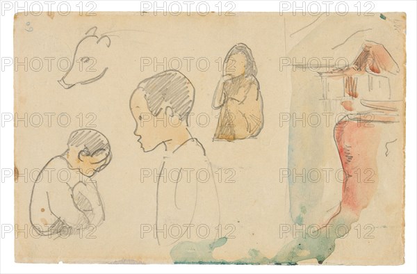 Sketches of Crouching and Standing Figures, a Pig, and a Hut at Water’s Edge, 1891, Paul Gauguin, French, 1848-1903, France, Graphite and watercolor on cream wove paper, discolored to tan (removed from a sketchbook), 108 × 167 mm