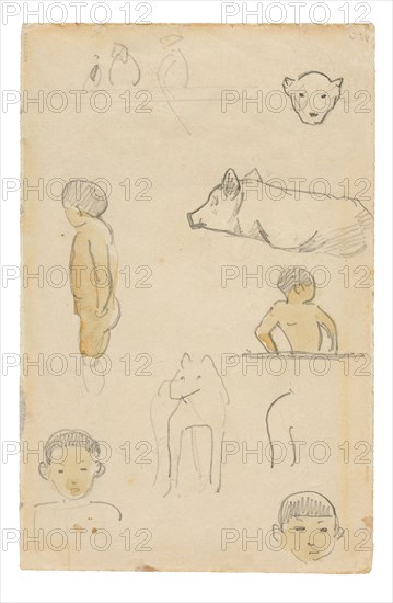 Sketches of Standing Figures and Animals, 1891/93, Paul Gauguin, French, 1848-1903, France, Graphite and watercolor on cream wove paper, discolored to tan (removed from a sketchbook), 108 × 167 mm
