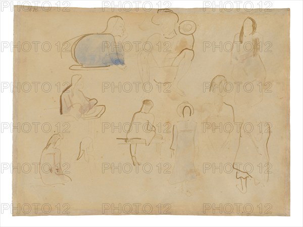Ten Studies of Tahitian Figures, 1891/93, Paul Gauguin, French, 1848-1903, France, Brush and brown inks (originally purple), with watercolor, on parchment, 240 × 314 mm