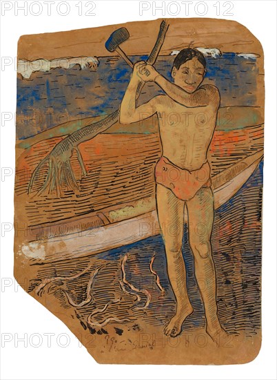 Man with an Ax, 1891/93, Paul Gauguin, French, 1848-1903, France, Thinned gouache, with pen and black ink, over pen and brown ink, on cream wove paper (discolored to tan), laid down on cream Japanese paper, 317 × 228 mm (image/primary/secondary support)