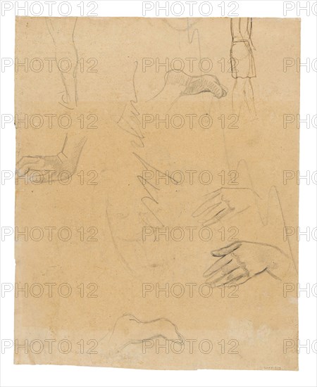 Sketches of Figures, Hands, and Feet (related to the painting Aha oe feii? [What! Are You Jealous?]), 1891/93, Paul Gauguin, French, 1848-1903, France, Black fabricated chalk with pen and brown ink (originally purple) on cream wove paper (removed from a sketchbook), 248 × 200 mm