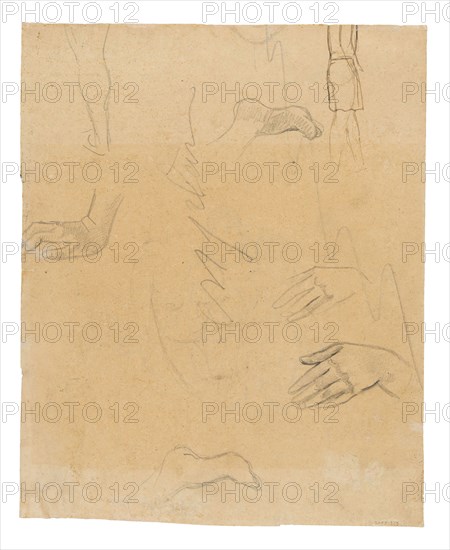 Sketches of Figures, Hands, and Feet (related to the painting Aha oe feii? [What! Are You Jealous?]), 1891/93, Paul Gauguin, French, 1848-1903, France, Black fabricated chalk with pen and brown ink (originally purple) on cream wove paper (removed from a sketchbook), 248 × 200 mm