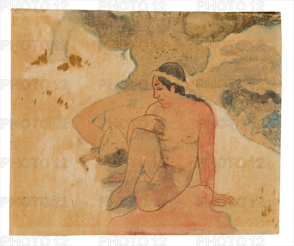 Aha oe feii? (What! Are You Jealous?), 1894, Paul Gauguin, French, 1848-1903, France, Watercolor monotype from a glass matrix, with brush and white gouache, reddish-brown and black water color, on cream wove paper (an imitation Japanese vellum), 195 × 232 mm