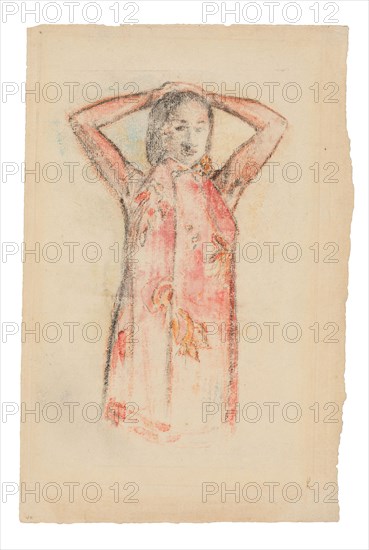 Tahitian Girl in a Pink Pareu, 1894, Paul Gauguin, French, 1848-1903, France, Watercolor monotype from a paper matrix on cream laid paper, 299 × 198 mm