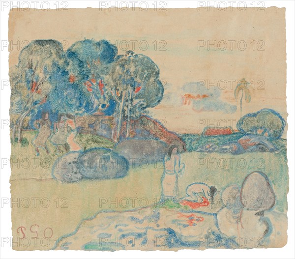 Tahitian Landscape, 1894, Paul Gauguin, French, 1848-1903, France, Watercolor monotype from a glass matrix, with touches of gouache on cream wove paper laid down on ivory Japanese paper, 217 × 247 mm (primary/secondary support)