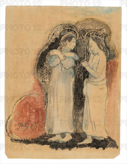 Two Standing Tahitian Women, 1894, Paul Gauguin, French, 1848-1903, France, Black ink monotype from a glass matrix, over watercolor monotype from a paper matrix, with touches of metallic oil-based media, on thin cream Japanese paper laid down on cream wove paper (an imitation Japanese vellum), 260 × 199 mm (primary/secondary support)