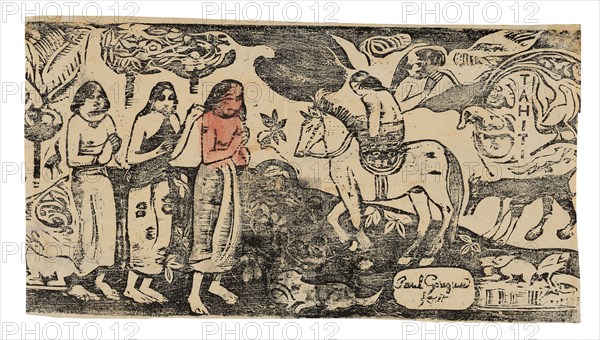 Change of Residence, from the Suite of Late Wood-Block Prints, 1899, Paul Gauguin, French, 1848-1903, France, Wood-block print in black ink, with touches of red and black watercolor, on cream wove paper, 162 × 305 mm (image), 165 × 305 mm (sheet)