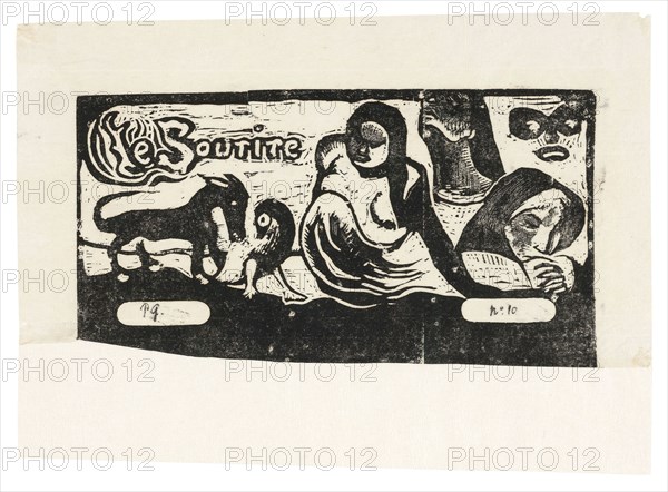 Three People, a Mask, a Fox and a Bird, headpiece for Le sourire, 1899, Paul Gauguin, French, 1848-1903, France, Wood-block print in black ink on thin ivory laid Japanese paper, 100 × 186 mm (image), 127 × 228 mm (sheet)