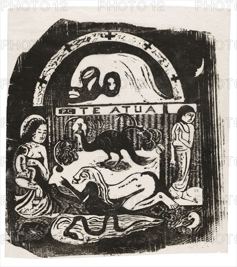 Te atua (The God), from the Suite of Late Wood-Block Prints, 1898/99, Paul Gauguin, French, 1848-1903, France, Wood-block print in black ink on thin ivory laid Japanese paper, 242 × 226 mm (image), 255 × 226 mm (sheet)