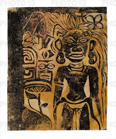 Tahitian Idol—the Goddess Hina, 1894/95, Paul Gauguin, French, 1848-1903, France, Wood-block print in black ink, over brush and solvent thinned and selectively applied yellow ocher, reddish-orange and touches of green and pink wax-and resin-based media, on cream wove paper, 148 × 119 mm (image/sheet)