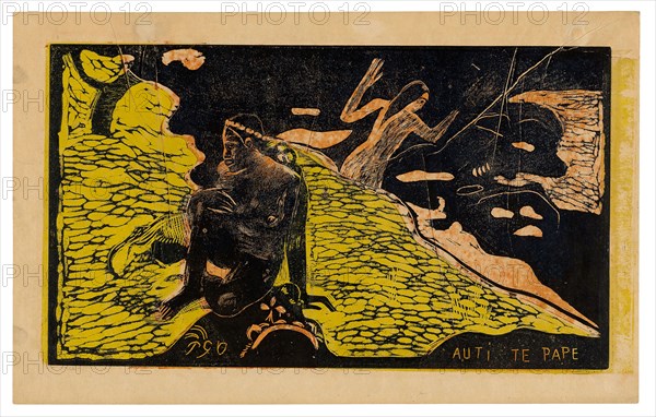 Auti te pape (Women at the River), from the Noa Noa Suite, spring/summer 1894, Paul Gauguin (French, 1848-1903), printed in collaboration with Louis Roy (French 1862-1907), France, Wood-block print in black ink, over stenciled red ink and a yellow ink tone block, on cream wove paper (an imitation Japanese vellum), 208 × 377 mm (image), 250 ×397 mm (sheet)