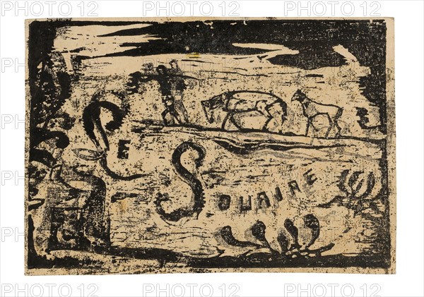 Man Carrying Bananas Followed by Two Horses, headpiece for Le sourire, 1900, Paul Gauguin, French, 1848-1903, France, Wood-block print printed twice in black ink on cream wove paper (an imitation Japanese vellum) (recto), wood-block print in black ink over orange ink tone block, on cream wove paper (an imitation Japanese vellum) (verso), 103 × 149 mm (image), 108 × 154 mm (sheet)