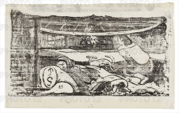 Interior of a Tahitian Hut, from the Suite of Late Wood-Block Prints, 1898/99, Paul Gauguin, French, 1848-1903, France, Wood-block print in black ink on thin ivory Japanese paper, 115 × 210 mm (image), 140 × 222 mm (sheet)