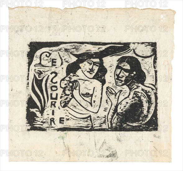 Two Women Chattering, headpiece for Le Sourire, 1900, Paul Gauguin, French, 1848-1903, France, Wood-block print in black ink on thin ivory laid Japanese paper, 102 × 151 mm (image), 178 × 189 mm (sheet)