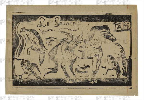 A Horse and Birds, headpiece for Le sourire, 1899, Paul Gauguin, French, 1848-1903, France, Wood-block print in black ink on mottled gray-blue wove paper, laid down on buff wove paper, 142 × 221 mm (image), 168 × 245 mm (sheet)