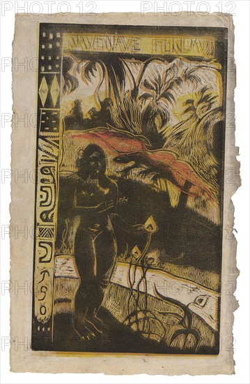 Nave nave fenua (Delightful Land), from the Noa Noa Suite, 1893–94, Paul Gauguin, French, 1848-1903, France, Wood-block print, printed twice in yellow ocher and black inks, over a yellow ink tone block, and stenciled red oil medium, on cream Japanese paper discolored to a grayish tone, 359 × 207 mm (image), 392 × 250 mm (sheet)