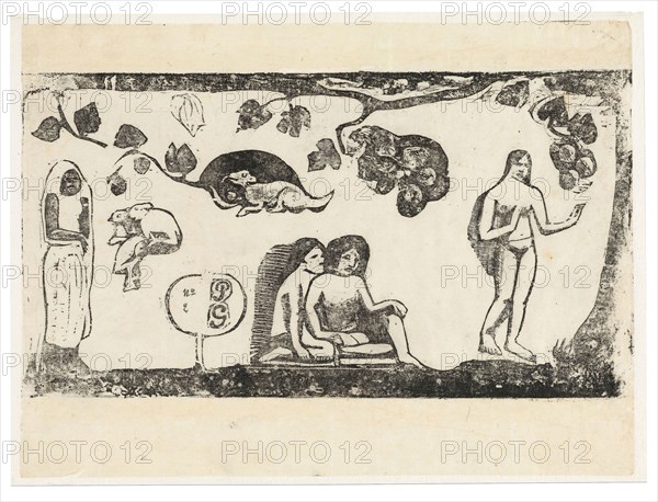 Women, Animals, and Foliage, from the Suite of Late Wood-Block Prints, 1898/99, Paul Gauguin, French, 1848-1903, France, Wood-block print in black ink on thin laid ivory Japanese paper, laid down on thin wove white Japanese paper, 163 × 305 mm (image), 228 × 305 mm (primary support), 237 × 318 mm (secondary support)