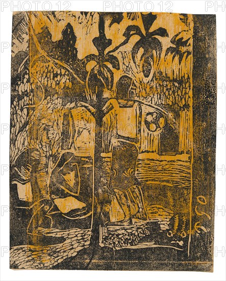 Noa noa (Fragrant), 1894/95, Paul Gauguin, French, 1848-1903, France, Wood-block print in black ink, over solvent thinned and selectively applied yellow ocher ink, on cream wove paper, 151 × 119 mm (image/sheet)